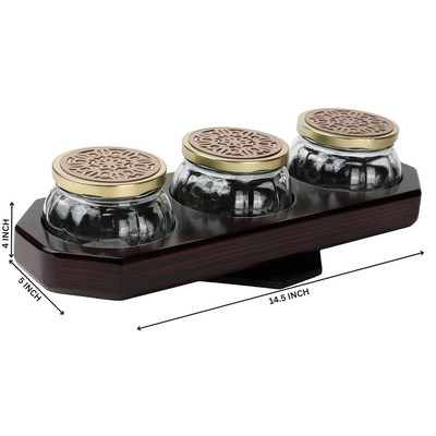 Rotational Wooden Gift Box with 3 Salsa Jars, Dry Fruit Jar Set with Laser Cut Golden Lids, Premium Gifting Jar Set for Festivals and Weddings 