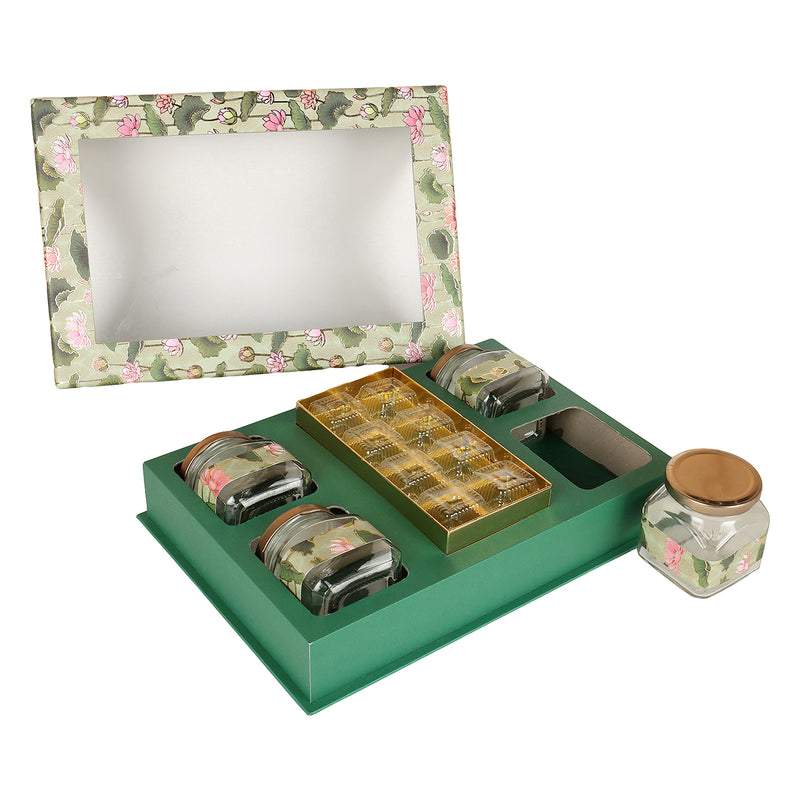 Lotus Printed Art Hamper Box With 4 Glass Jar & 8 Cavity (13.25x9x3.5 inch) 14003A