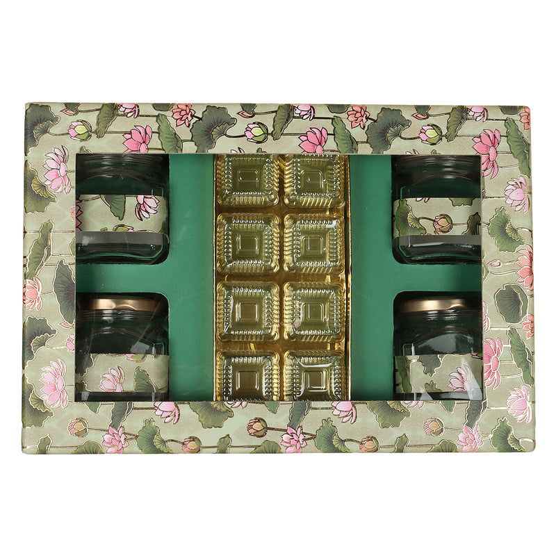 Lotus Printed Art Hamper Box With 4 Glass Jar & 8 Cavity (13.25x9x3.5 inch) 14003A