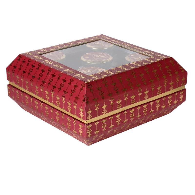 Luxury Flower Maroon Color Designed Box with 5 Glass Jar