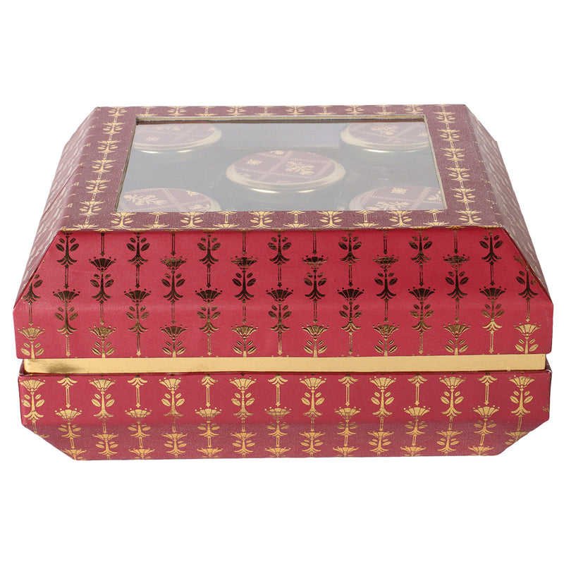 Luxury Flower Maroon Color Designed Box with 5 Glass Jar