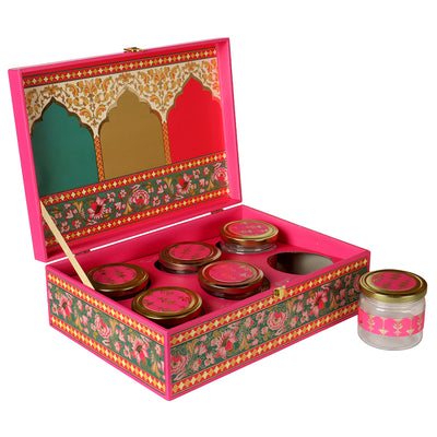 Multi Colour Traditional Design MDF Hamper Box with 6 Salsa Jar