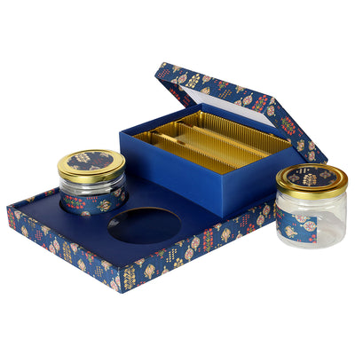 Blue Luxurious Gift Box with 2 Salsa Jars & 3 Line Cavity Box ( 14x9x3.5 Inches ) 14024