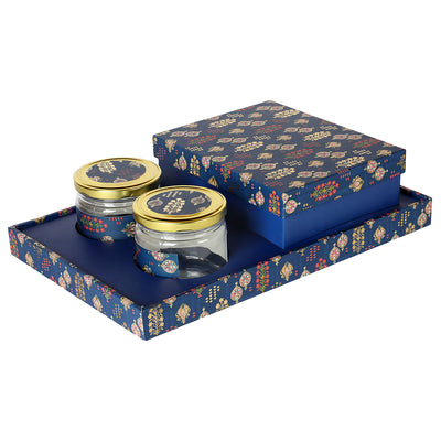 Blue Luxurious Gift Box with 2 Salsa Jars & 3 Line Cavity Box ( 14x9x3.5 Inches ) 14024