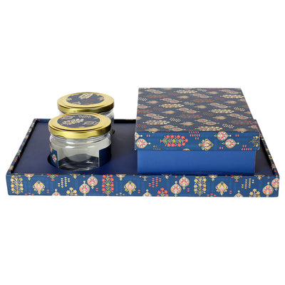 Blue Luxurious Gift Box with 2 Salsa Jars & 3 Line Cavity Box ( 14x9x3.5 Inches ) 14024