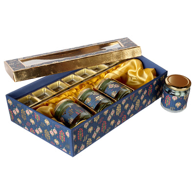 Traditional Design Luxury Box with 4 Glass Jar & 8 Cavity - Blue/golden color