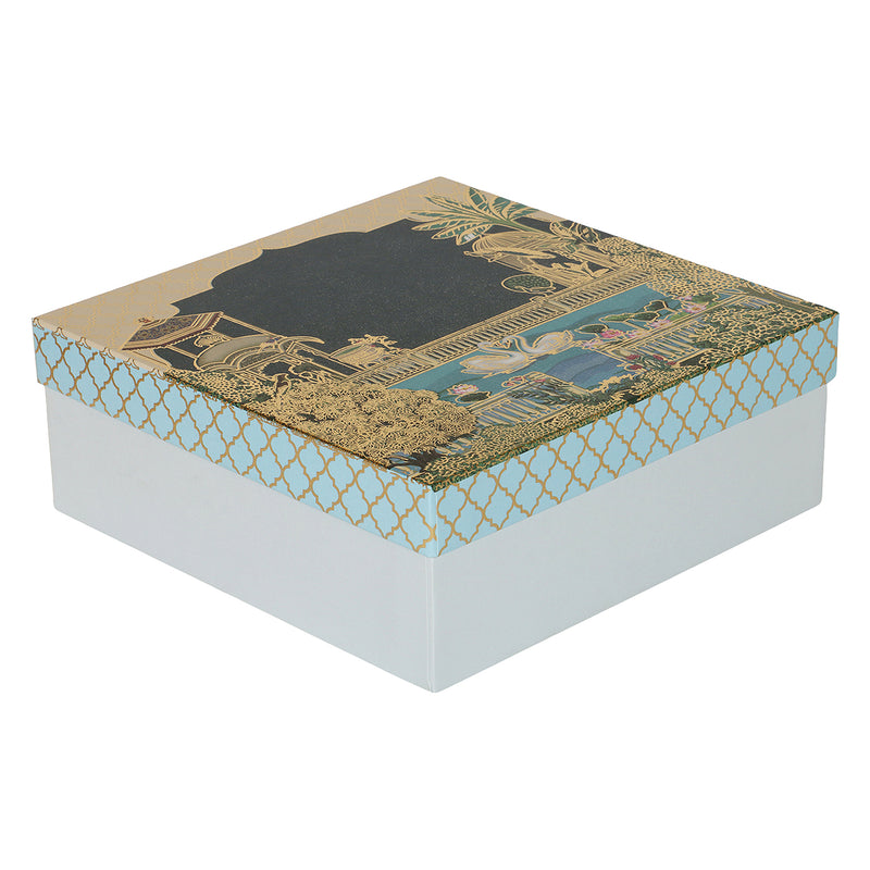 Pichwai Print Top Bottom Card-board Box with 4 Partition ( 8x8x3.25 Inches ) 16014