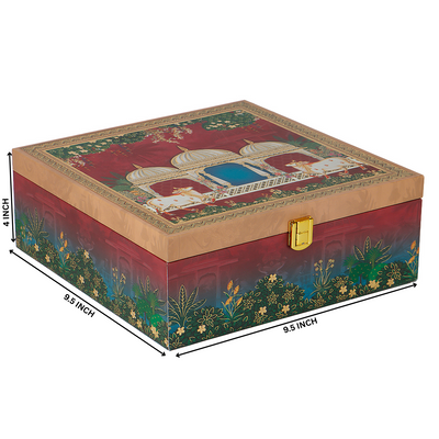 Pichwai Art MDF Hamper Box with 4 printed salsa jar (9.5x9.5x4) Inch | The reusable box and airtight jars make it both beautiful and practical — ideal for gifting, personal use, wedding giveaways &amp; return gifts, corporate gifting &amp; employee hampers, housewarming or anniversary Gifts, or festive hampers.