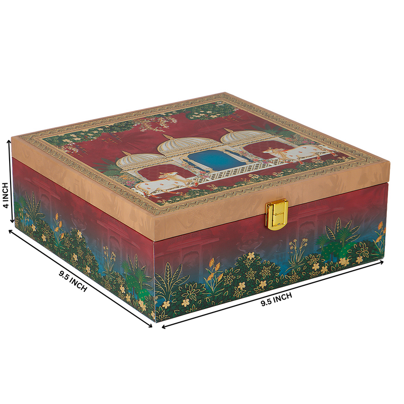 Pichwai Art MDF Hamper Box with 4 printed salsa jar (9.5x9.5x4) Inch | The reusable box and airtight jars make it both beautiful and practical — ideal for gifting, personal use, wedding giveaways &amp; return gifts, corporate gifting &amp; employee hampers, housewarming or anniversary Gifts, or festive hampers.