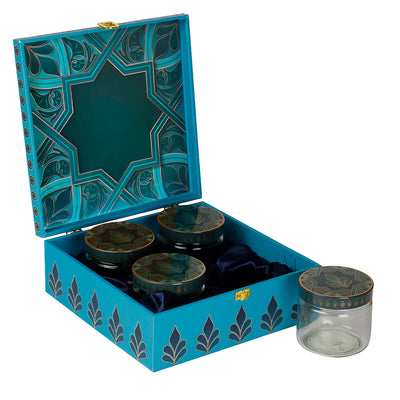Premium Blue MDF Hamper Box with 4 printed salsa jar (9.5x9.5x4) Inch | The reusable box and airtight jars make it both beautiful and practical — ideal for gifting, personal use, wedding giveaways &amp; return gifts, corporate gifting &amp; employee hampers, housewarming or anniversary Gifts, or festive hampers.