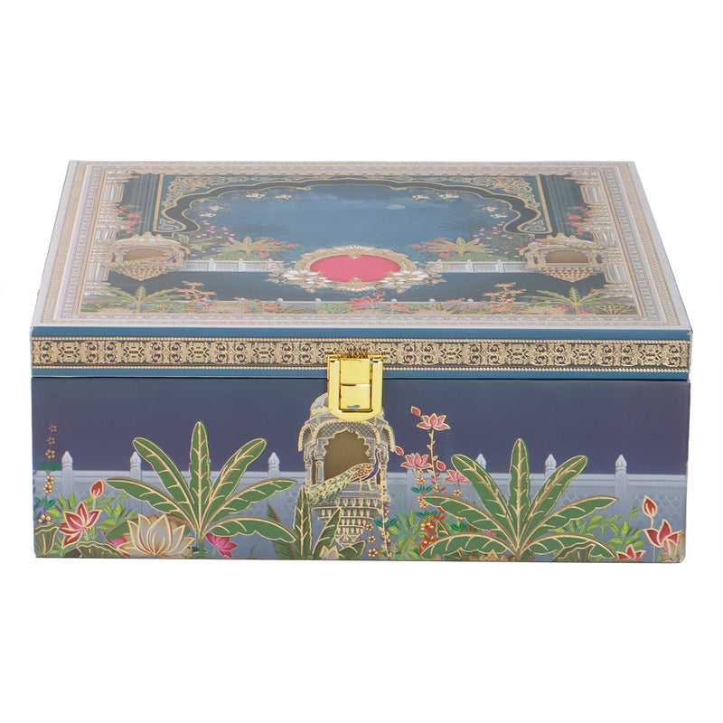 Pichwai Art MDF Hamper Box with 4 printed salsa jar (9.5x9.5x4) Inch 9003C