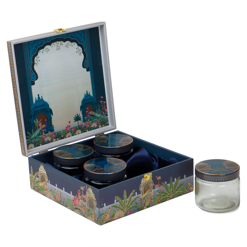 Pichwai Art MDF Hamper Box with 4 printed salsa jar (9.5x9.5x4) Inch 9003C