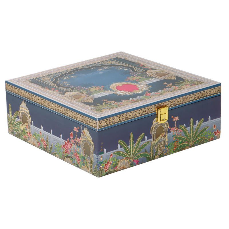 Pichwai Art MDF Hamper Box with 4 printed salsa jar (9.5x9.5x4) Inch 9003C