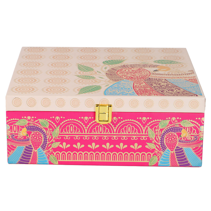 Peacock Paradise MDF Hamper Box with 2 salsa jar & 8 cavity (9.5x9.5x4) Inch 9004A
