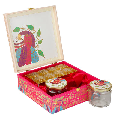 Peacock Paradise MDF Hamper Box with 2 salsa jar & 8 cavity (9.5x9.5x4) Inch 9004A
