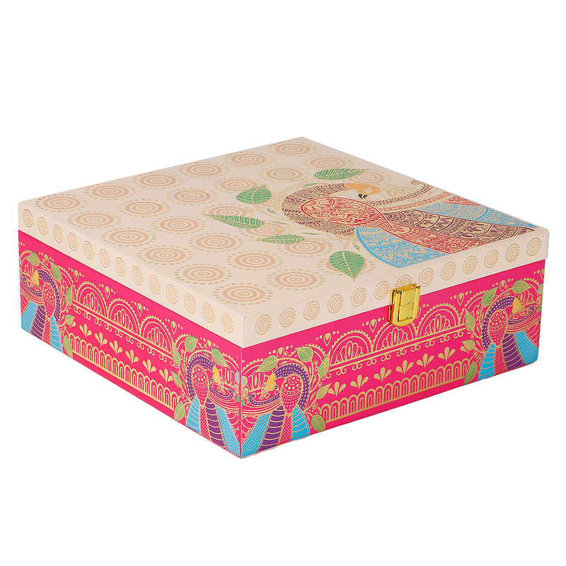 Peacock Paradise MDF Hamper Box with 2 salsa jar & 8 cavity (9.5x9.5x4) Inch 9004A