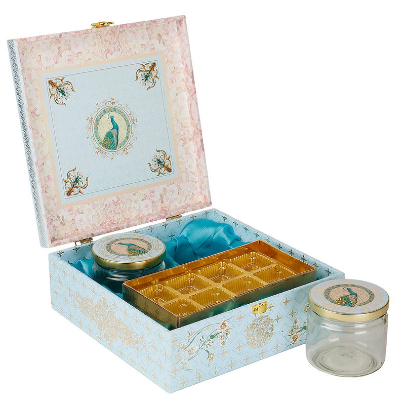 Floral MDF Hamper Box with 2 salsa jar & 8 cavity (9.5x9.5x4) Inch 9004