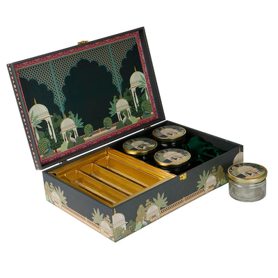 Royal Pichwai Art MDF Hamper Box with 4 salsa jar & 3 liner cavity (16x10x4) Inch 9005A