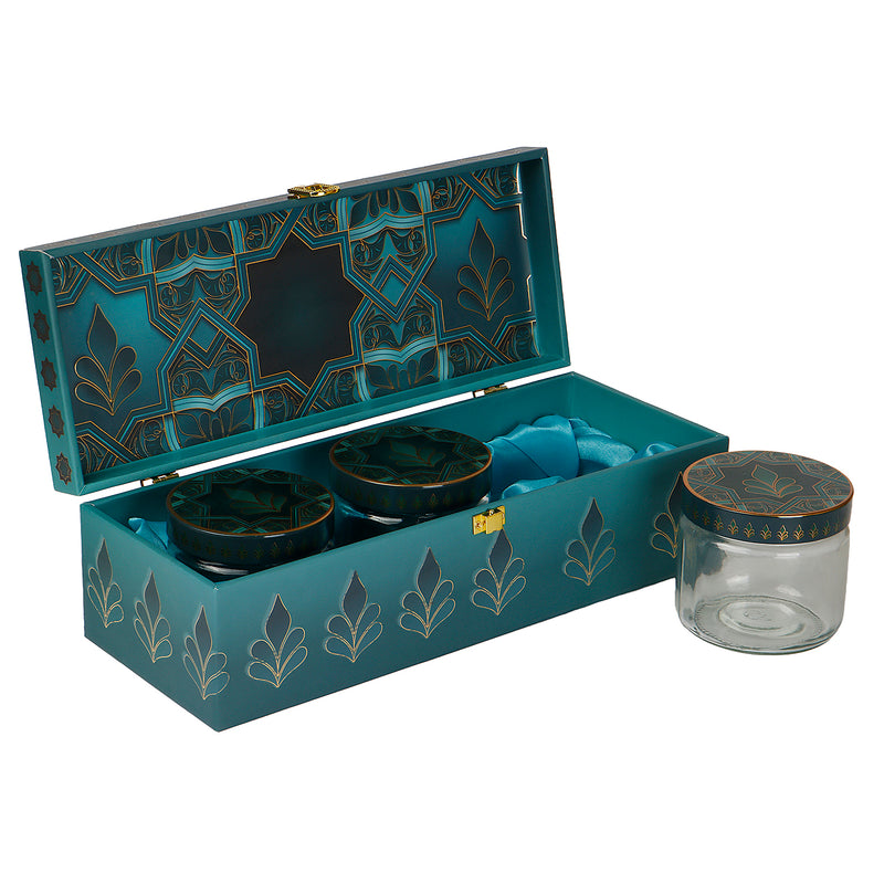 Premium Blue MDF Hamper Box with 3 printed salsa jar (13x9x4) Inch 9009B