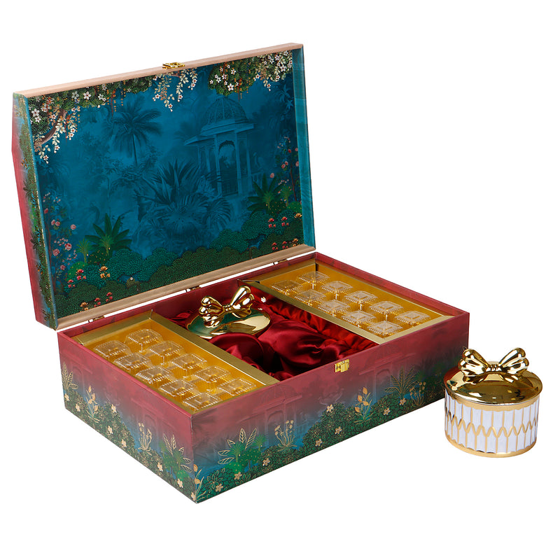 Pichwai Art MDF Hamper Box with 2 bow jar & 20 cavity tray (16x11x6) Inch 9010A