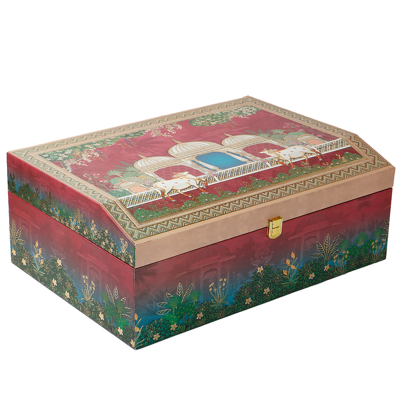 Pichwai Art MDF Hamper Box with 2 bow jar & 20 cavity tray (16x11x6) Inch 9010A