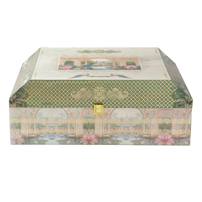 Pichwai Art MDF Hamper Box with 3 pumpkin jar & 14 cavity tray (16x11x6) Inch 9011A