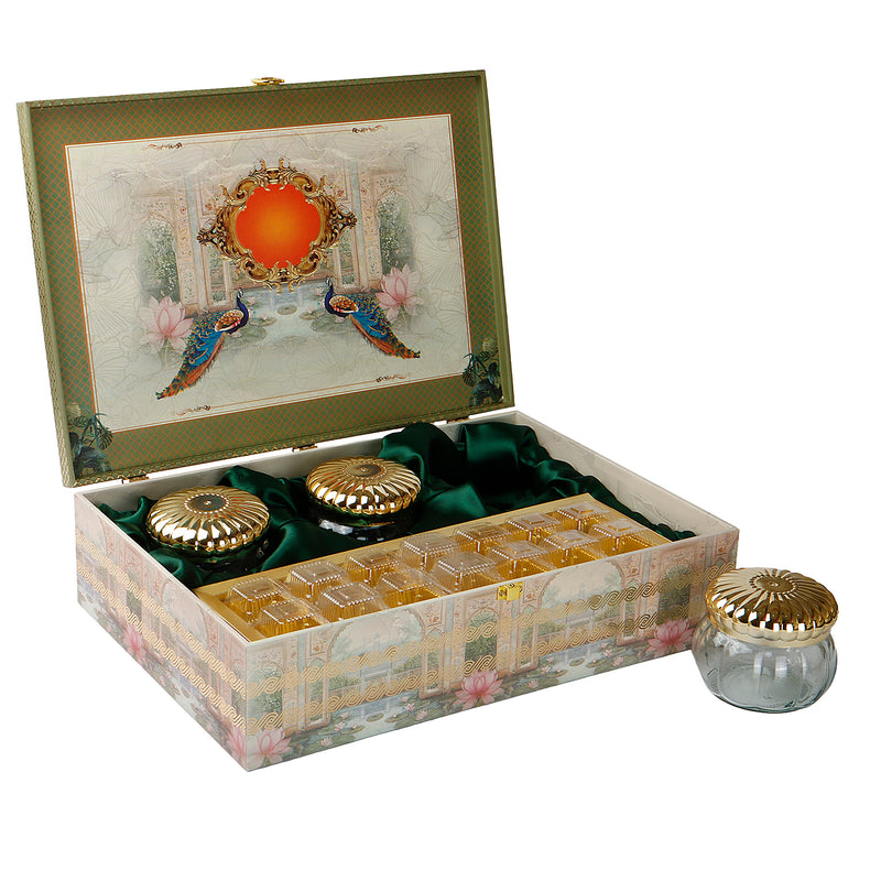 Pichwai Art MDF Hamper Box with 3 pumpkin jar & 14 cavity tray (16x11x6) Inch 9011A