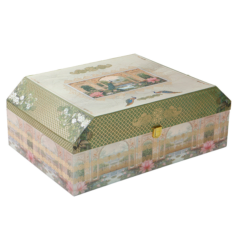 Pichwai Art MDF Hamper Box with 3 pumpkin jar & 14 cavity tray (16x11x6) Inch 9011A