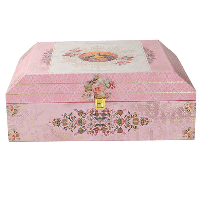 Pink Floral MDF Hamper Box with 3 flute jar & 8 cavity tray (16x11x6) Inch 9011