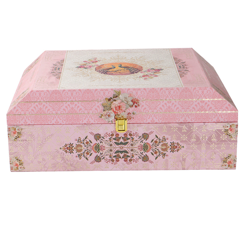 Pink Floral MDF Hamper Box with 3 flute jar & 8 cavity tray (16x11x6) Inch 9011