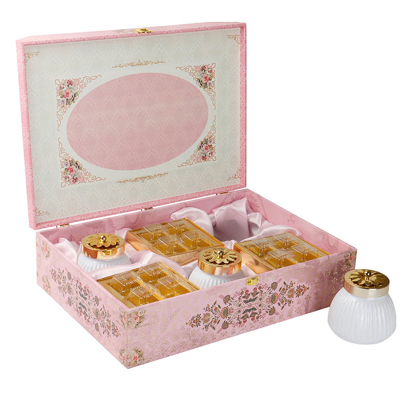 Pink Floral MDF Hamper Box with 3 flute jar & 8 cavity tray (16x11x6) Inch 9011