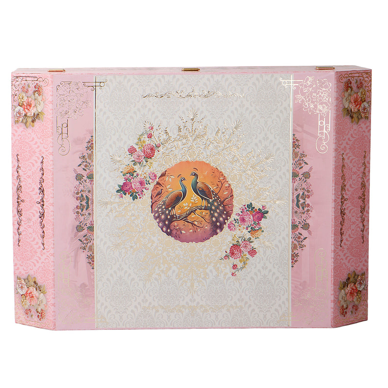 Pink Floral MDF Hamper Box with 3 flute jar & 8 cavity tray (16x11x6) Inch 9011