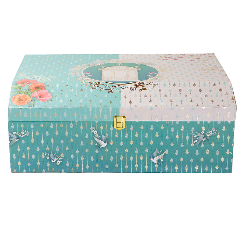 Turquoise Blue Floral MDF Hamper Box with 2 fancy jar & 20 cavity tray (16x11x6) Inch 9012A