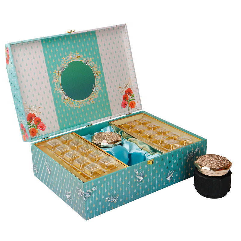 Turquoise Blue Floral MDF Hamper Box with 2 fancy jar & 20 cavity tray (16x11x6) Inch 9012A
