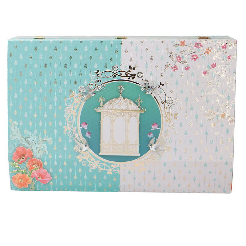 Turquoise Blue Floral MDF Hamper Box with 2 fancy jar & 20 cavity tray (16x11x6) Inch 9012A