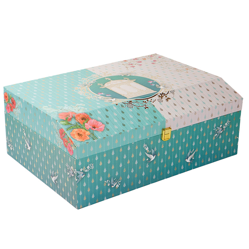 Turquoise Blue Floral MDF Hamper Box with 2 fancy jar & 20 cavity tray (16x11x6) Inch 9012A