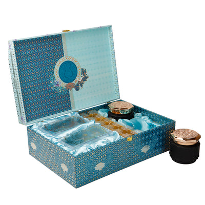 Pichwai Art Hamper Box with 2 matte black jar, 2 plastic container & 12 cavity tray (16x11x6) Inch 9012