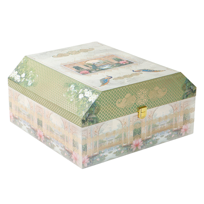 Pichwai Art Hamper Box with 2 flute jar & 10 cavity tray (12x12x6) Inch 9015A
