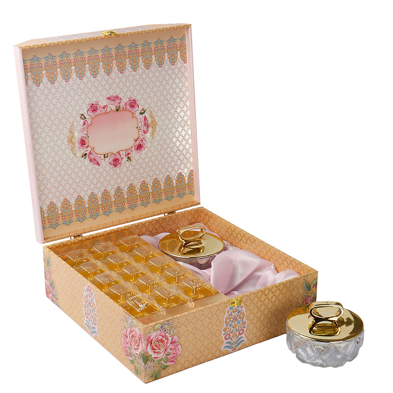 Floral Grace MDF Hamper Box with 2 crystal jar & 15 cavity tray (12x12x6) Inch 9015