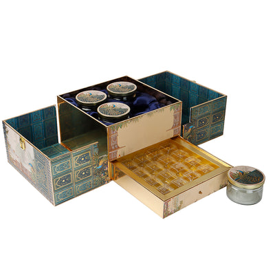 Pichwai Art  Hamper Box with 4 jar & 16 cavity tray (10x10x6.5) Inch 9016A
