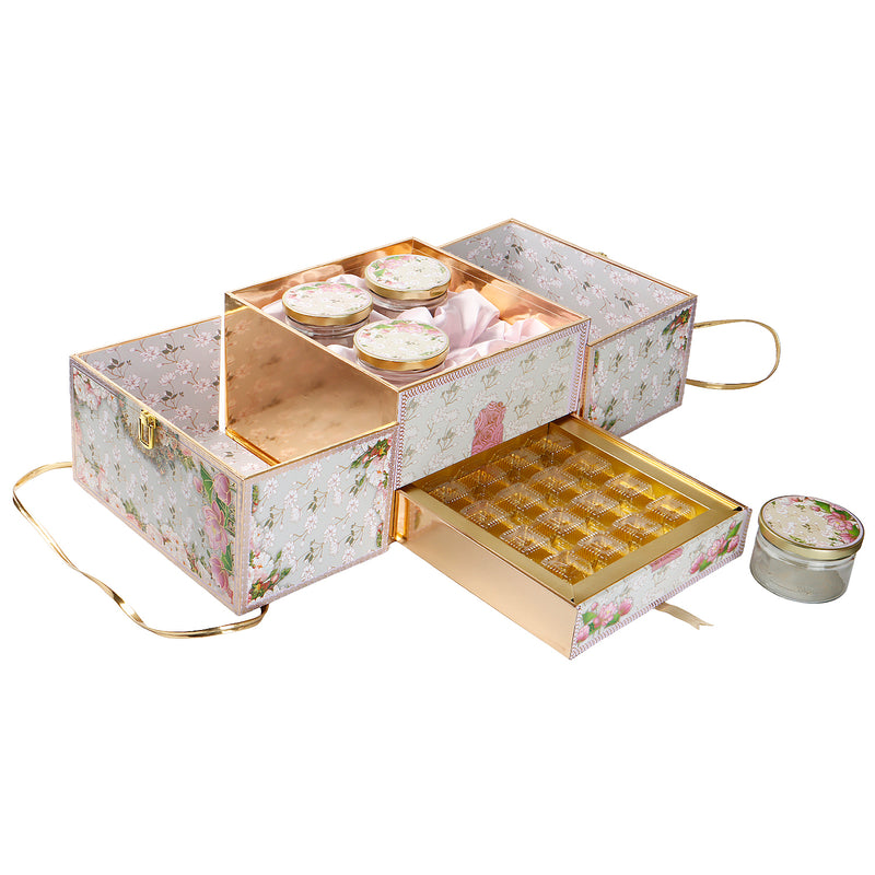 Pastel Floral Hamper Box with 4 jar & 16 cavity tray (10x10x6.5) Inch 9016