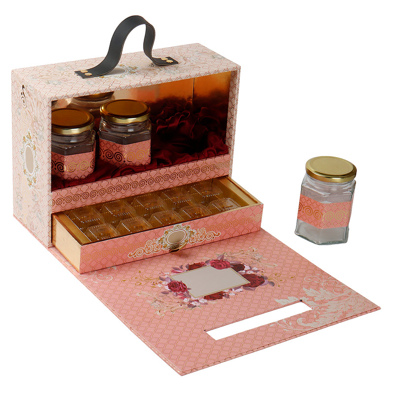 Blush Pink Floral Hamper Box with 3 hexagon jars & 10 cavity tray (11x8x4) Inch 9019