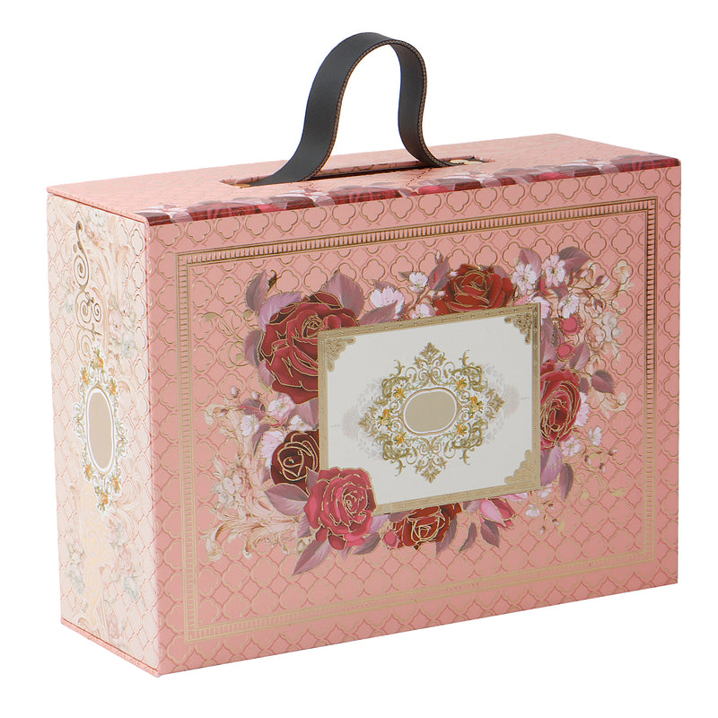 Blush Pink Floral Hamper Box with 3 hexagon jars & 10 cavity tray (11x8x4) Inch 9019