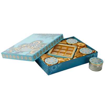 Blue Festive Hamper Box with 4 short salsa jar & 9 cavity tray (15x11x2.5) Inch 9020
