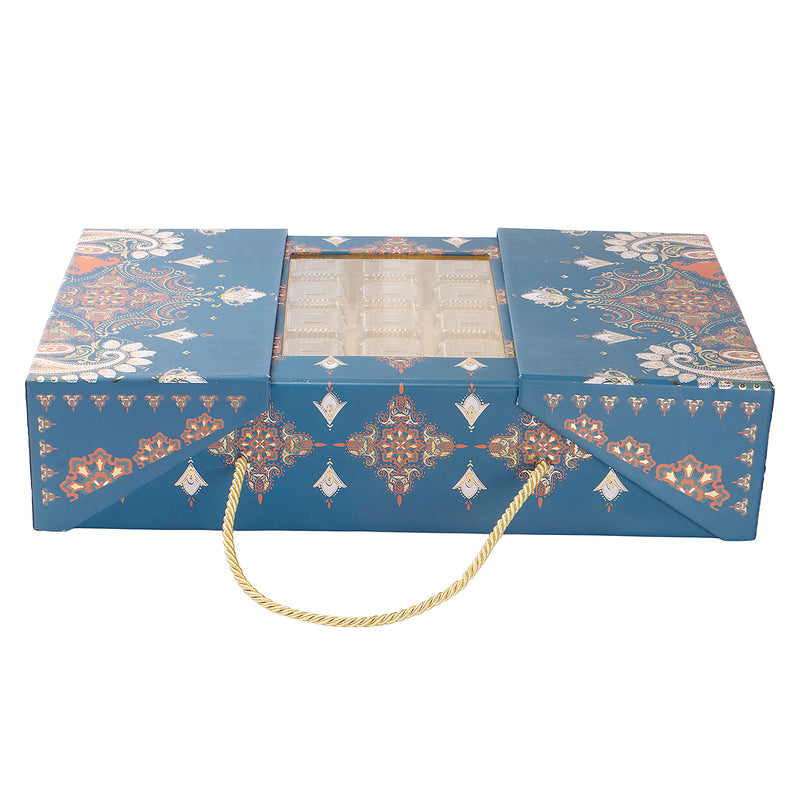 Royal Blue Festive Carry Hamper Box with 4 salsa jar & 12 cavity (16x10x3.5) Inch 9021