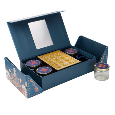 Royal Blue Festive Carry Hamper Box with 4 salsa jar & 12 cavity (16x10x3.5) Inch 9021