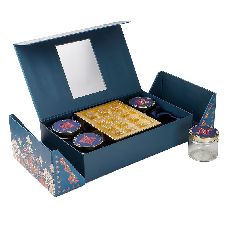 Royal Blue Festive Carry Hamper Box with 4 salsa jar & 12 cavity (16x10x3.5) Inch 9021