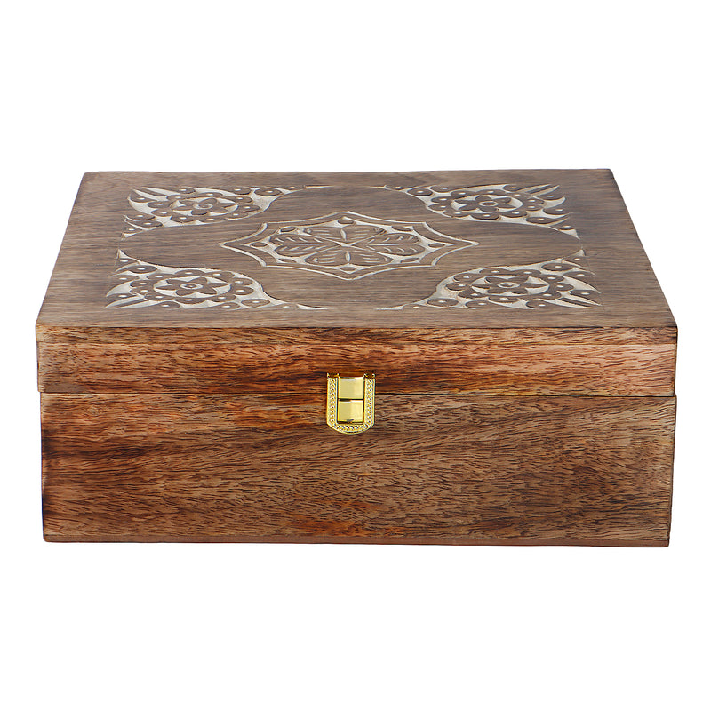 Unique Floral Design Wooden Hamper Box with 2 salsa jars & 8 cavity (10x10x4) Inch 9025A