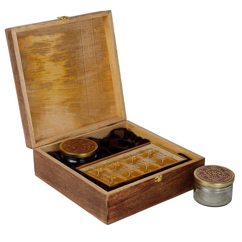 Unique Floral Design Wooden Hamper Box with 2 salsa jars & 8 cavity (10x10x4) Inch 9025A