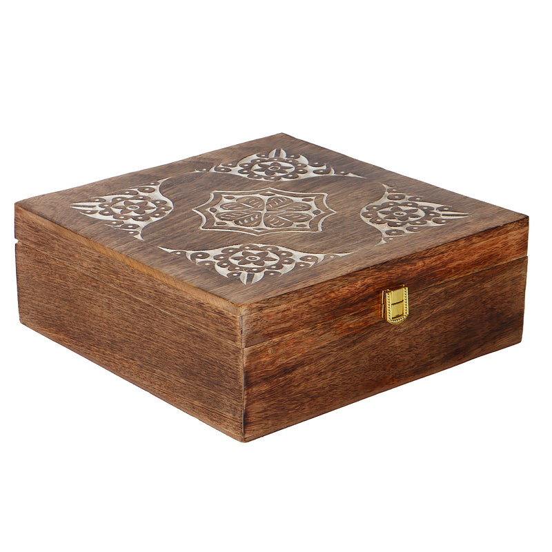 Unique Floral Design Wooden Hamper Box with 2 salsa jars & 8 cavity (10x10x4) Inch 9025A